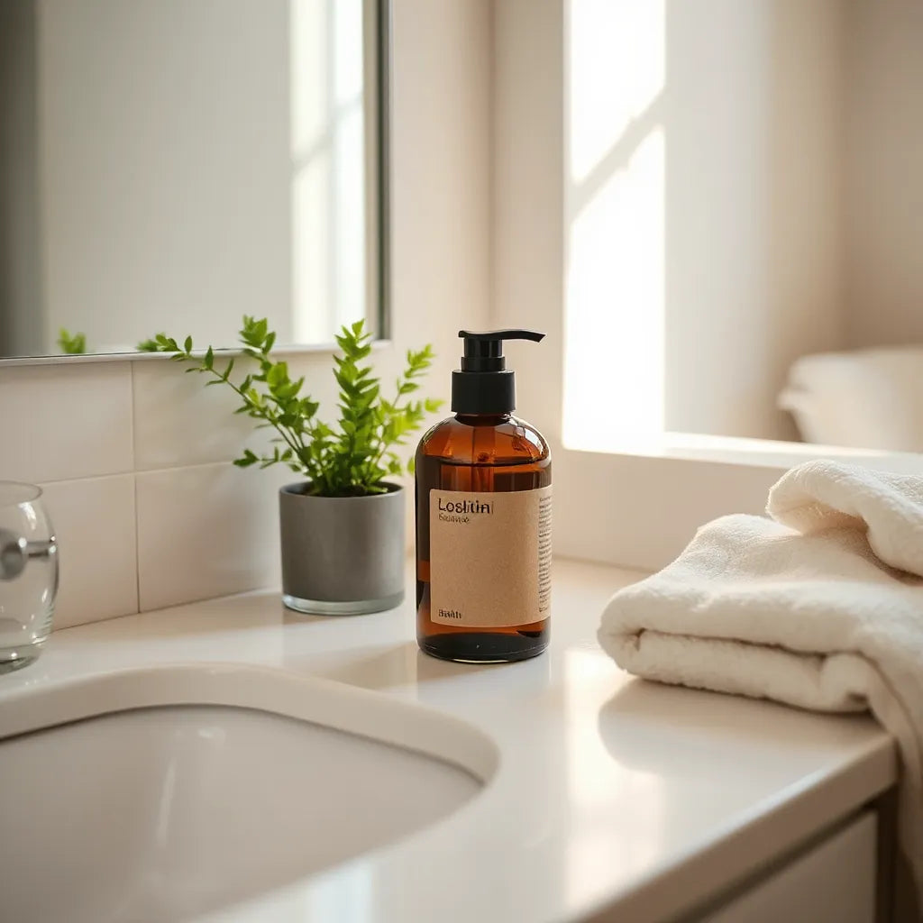Minimalistische skincare producten met een plant en zachte handdoek op een badkamermeubel bij natuurlijk licht