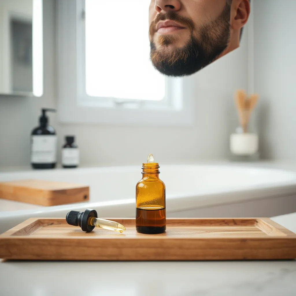 Man met verzorgde baard en een druppelflesje voedende baardolie op een houten tray