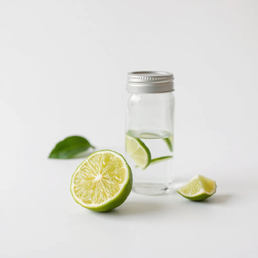 Vers gesneden limoen, een glas water met lime en een sportshaker voor hydratatie