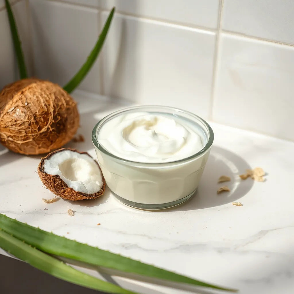 Kom met plantaardige haarmaskercrème naast aloe en kokos op een schone, lichte achtergrond