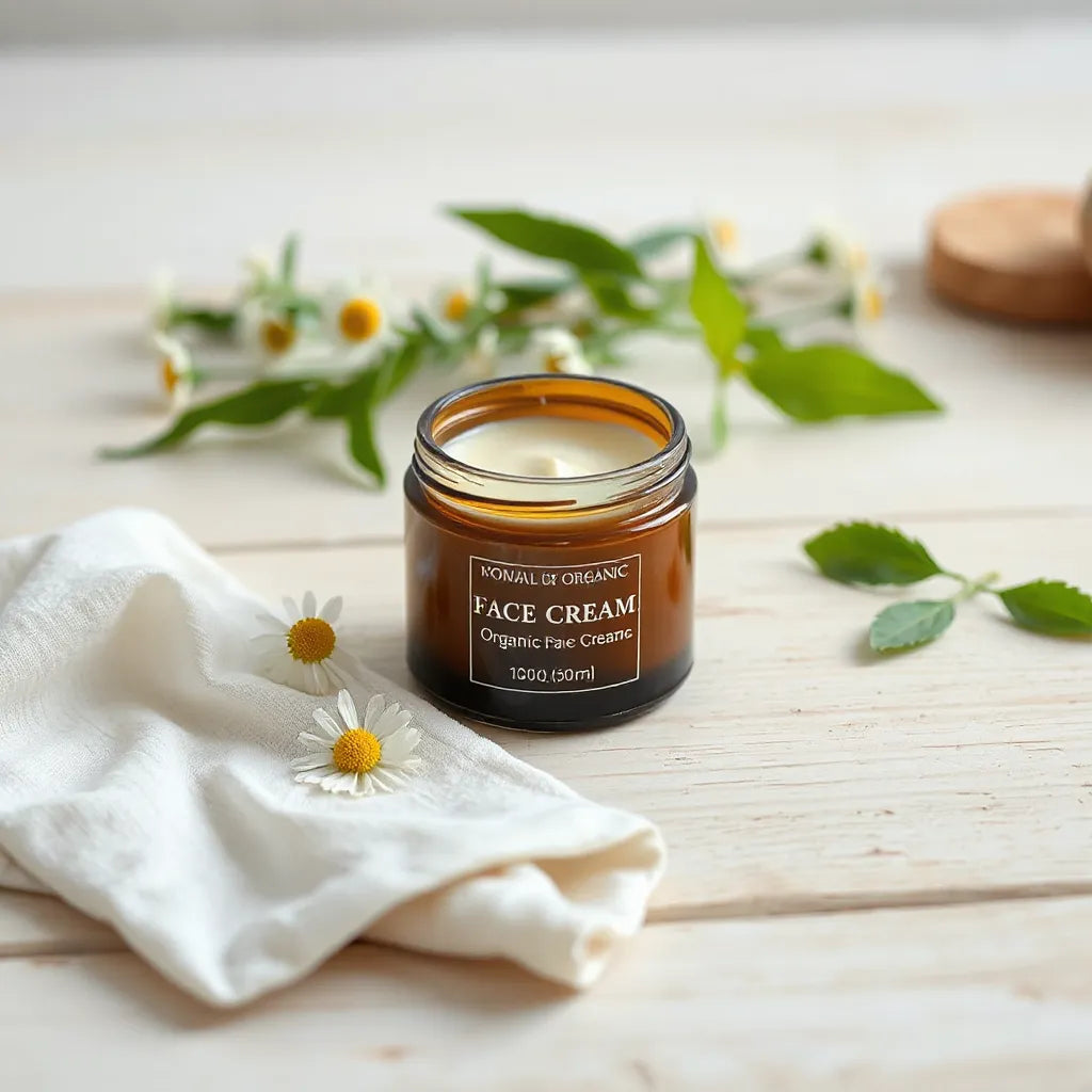 Glazen pot biologische gezichtscrème met botanische bladeren op een lichte houten achtergrond