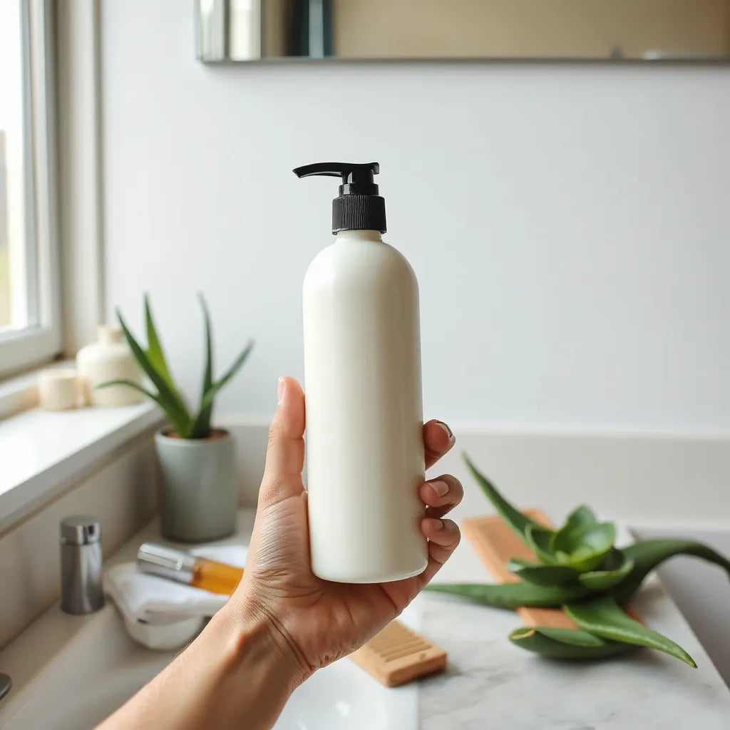 Hand met een fles sulfate-vrije conditioner op een schone badkamerbalie met kam en aloë vera