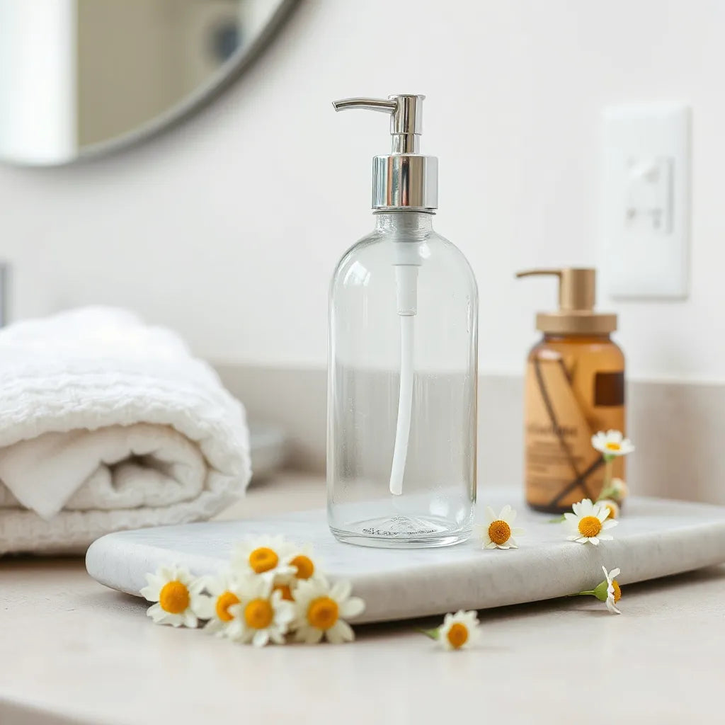 Fles dierproefvrije bodylotion op een minimalistische badkamerplank met zachte handdoek en bloemen