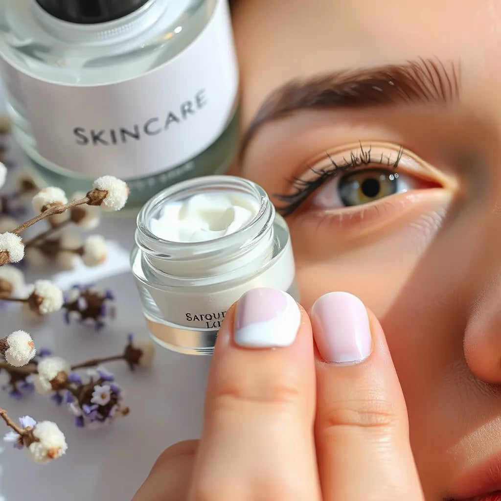 Rejuvenating eye cream in a small jar with a fingertip smearing smooth cream on a clean background